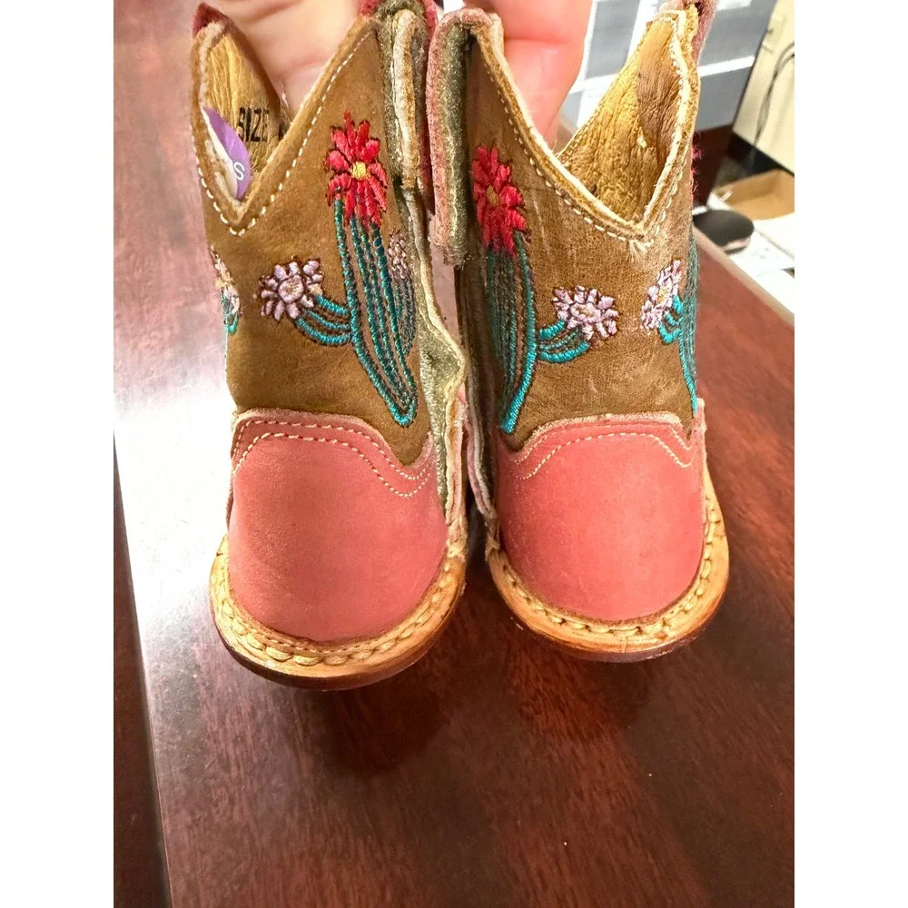 Roper Cowbabies Pink Leather Cactus Floral Embroidered Western Boots Size 2